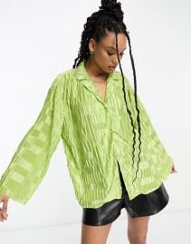 Urban Threads satin plisse oversized shirt in lime - part of a set | ASOS at ASOS